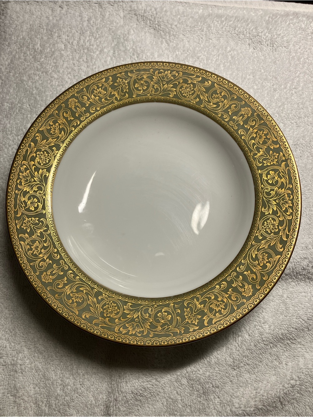 2 Sango Green and Gold Scroll Rim Porcelain Soup Bowls Versailles # 3632